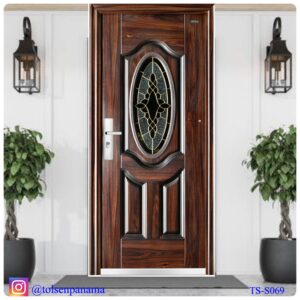 PUERTAS DE SEGURIDAD MULTIPUNTO CON VITRAL CAOBA IZQ.